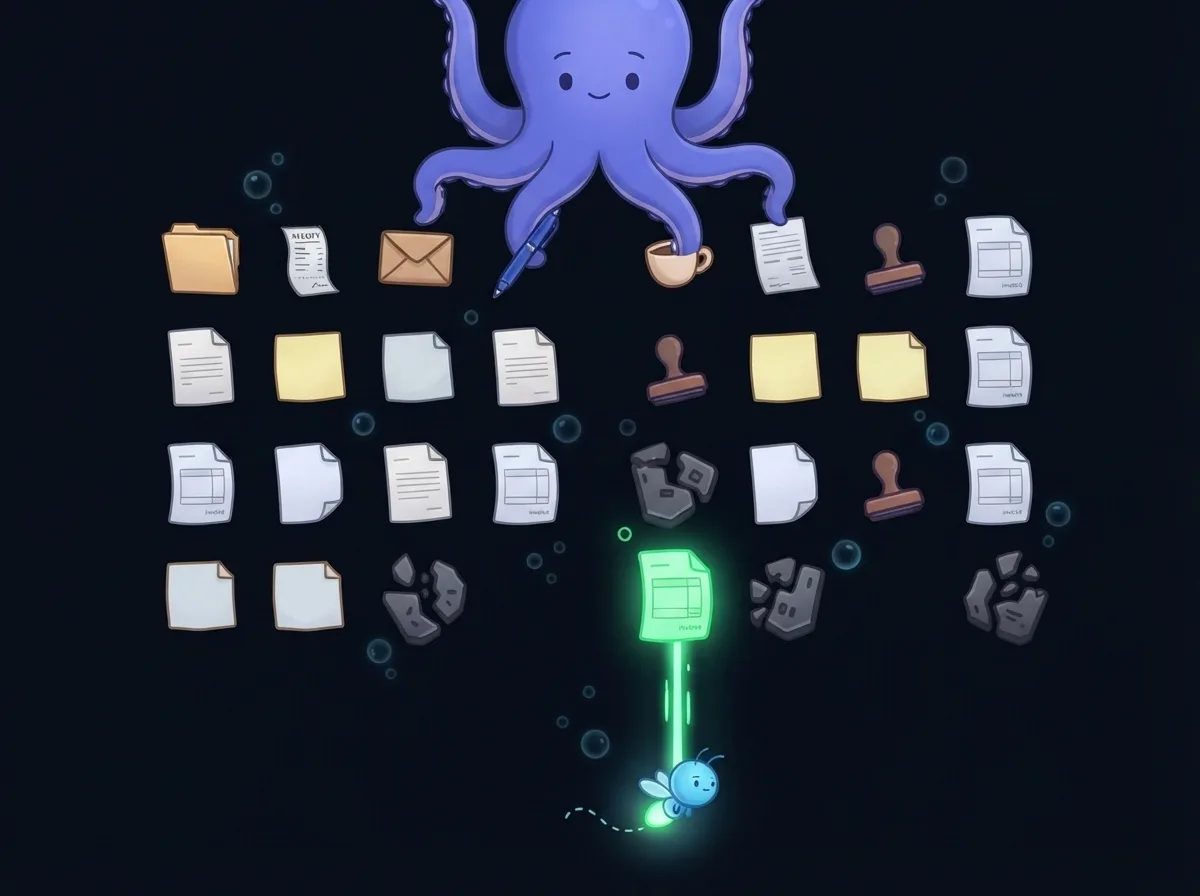Downpour, the first game: Dori drops documents from above and Dir files them below.